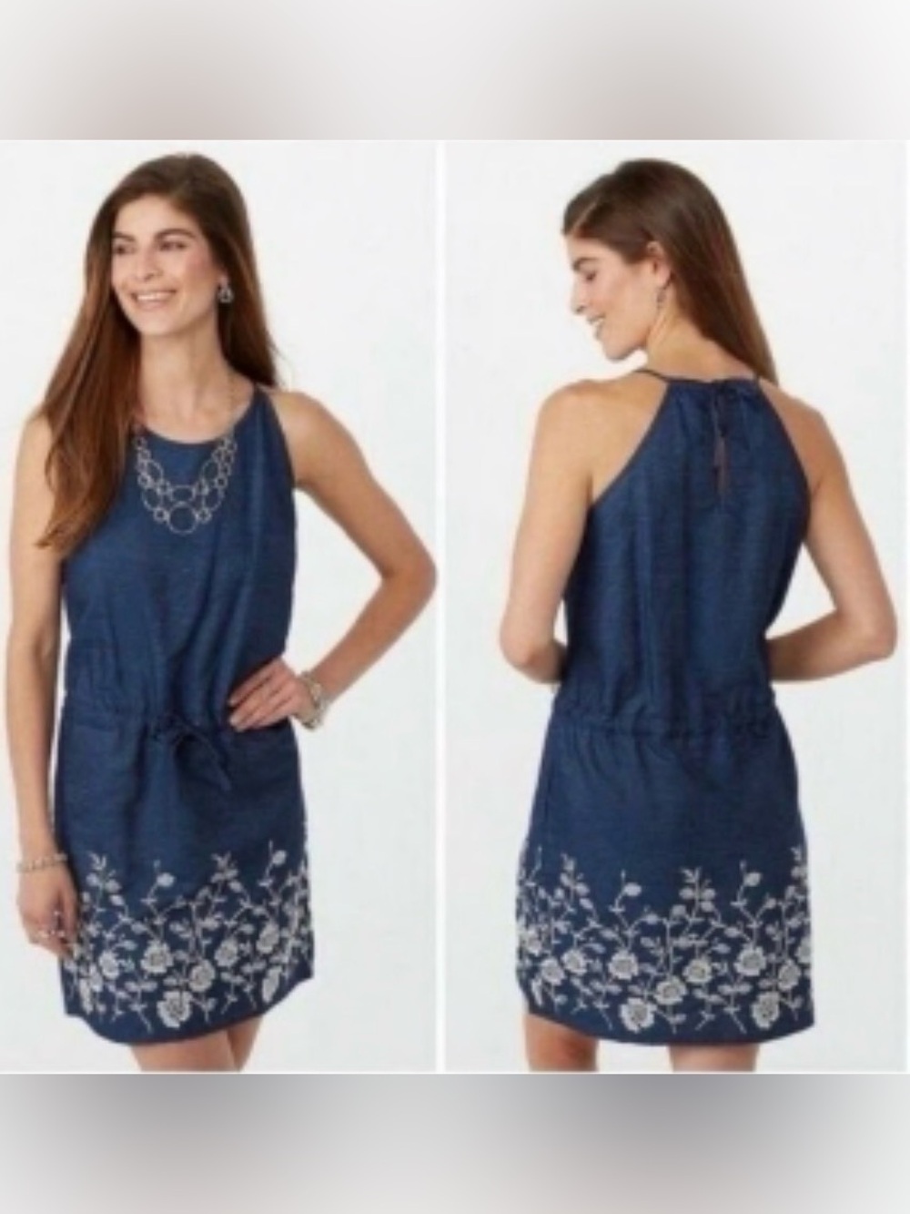 Westport Denim-Blue Tie-Back Dress with embroidered Flowers